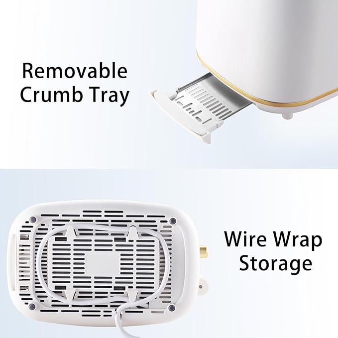 2-Slice Toaster, Wide Slots, 7 Bread Shade Settings, Stainless Steel, Bagel, Cancel, and Defrost Functions, Removable Crumb Tray, Retro Style Toaster,Matte White and Gold