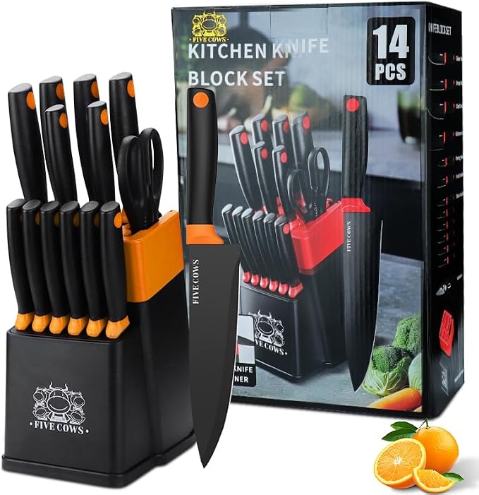 14 Pcs Kitchen Knife Block Set with Sharpener German High Carbon Stainless Steel Chef Knives, Razor-Sharp & Durable, Lightweight Anti-Slip Handle, Professional Set for Home & Kitchen (Orange)