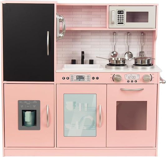 Kitchen Playset for Kids Ages 3-8, Wooden Kids Play Kitchen Chef Pretend Play Set for Toddlers, Toys Kitchen with Toy Food & Cookware Accessories