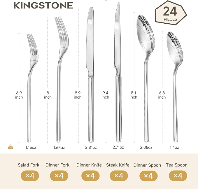 KINGSTONE 24-Piece Silverware Set with Steak Knives, Flatware Set for 4, Stainless Steel Tableware Cutlery Set for Home Restaurant, Mirror Finish,Modern Design