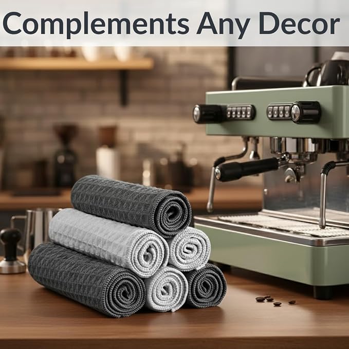 Solyra Barista Towels, 6 Pack, 12" x 12", Dark & Light Gray | Oeko-Tex Certified, Barista Microfiber Cloth, Espresso Towels