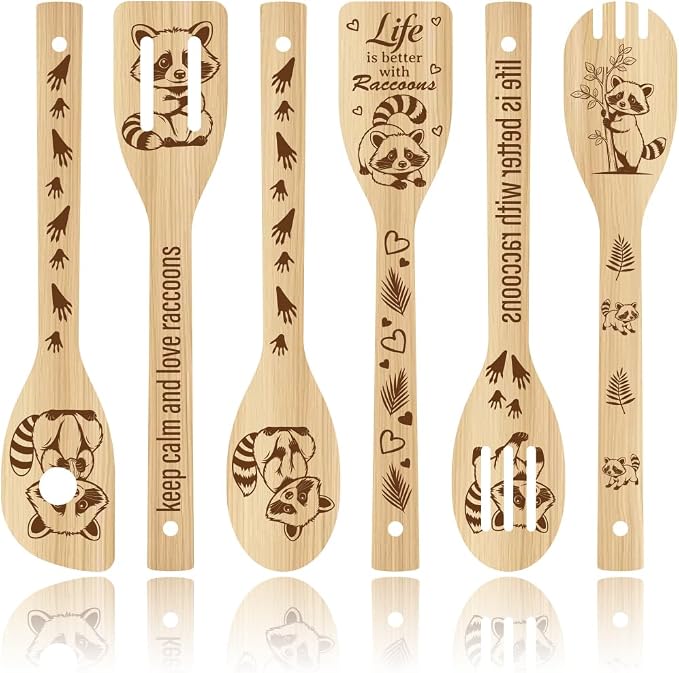 6Pcs 6 Styles Animal Cooking Spoon for Kitchen 11.8 x 2.4 Inch Bamboo Cooking Utensils Durable Wood Raccoon Kitchen Spoon Set for Housewarming Wedding Birthday Gift Farmhouse Home Decor