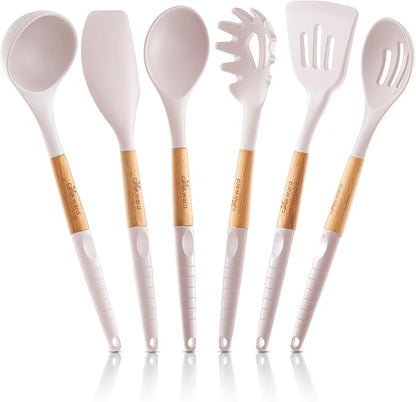 Silicone Cooking Utensils Set 6 Piece – Heat Resistant up to 480°F, BPA Free & Non-Scratch Kitchen Tools with Natural Wood Handles, White
