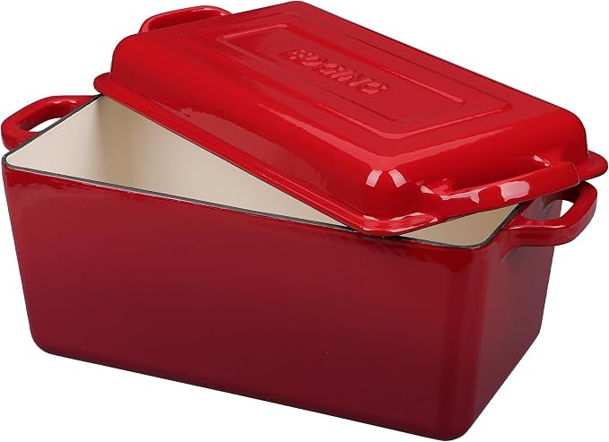 EDGING CASTING Enameled Cast Iron Dutch Oven, Oblong Bread Oven for Sourdough Bread Baking, Baking Pan, Dual Handles, Oven Safe, 4 Quart, Red