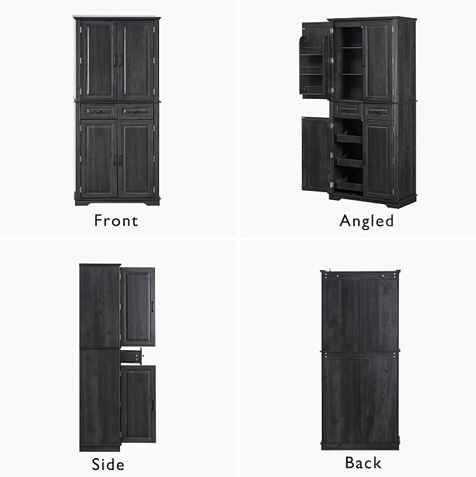 VilroCaz Wooden 71" H Kitchen Pantry with 3 Pull Out Cabinet Organizers, Freestanding Cupboard Storage Cabinet with 4 Doors and 2 Drawers, Farmhouse Embossed Texture Design (Black-5.K)