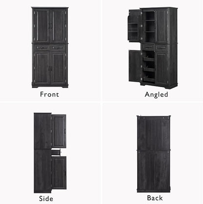 VilroCaz Wooden 71" H Kitchen Pantry with 3 Pull Out Cabinet Organizers, Freestanding Cupboard Storage Cabinet with 4 Doors and 2 Drawers, Farmhouse Embossed Texture Design (Black-5.K)