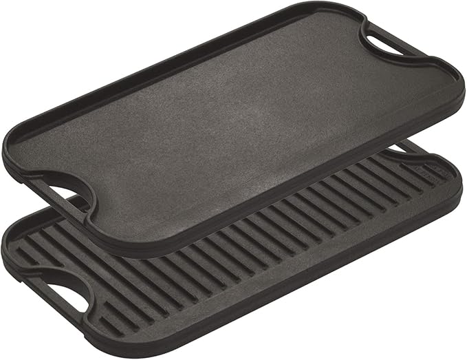Lodge Pro-Grid Reversible Grill/Griddle - 20 Inches x 10.5 Inches - Dual-Sided Cast Iron Griddle - Double Burner Grill - Even Heat Distribution - PFAS-Free Non-Toxic Cookware