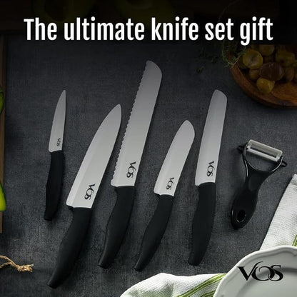 Vos Ceramic Knife with Peeler, Knives Set For Kitchen, Ultra Sharp Kitchen Knife Set with Covers, 4" 5" 6" 7" 8" Paring, Chef Knife, Santoku & 2 more, Lightweight, Dishwasher safe (Black)