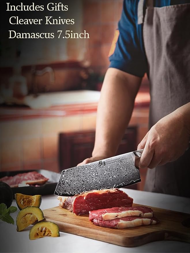 DONGSUN 7.5 Inch Damascus Taiwanese Cleaver with North American Black Walnut Sheath, 67-Layer VG10 Forged Steel Wide Blade Kitchen Knife, Professional Durable Sharpness