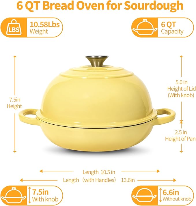 ONKO Dutch Oven For Sourdough Bread Baking, 6QT Enameled Cast Iron Dutch Oven Pot With Lid, Non-stick Sourdough Baking Pan with Bread Dome, Round Ceramic Dutch Ovens Pot with Cloche for Homemade