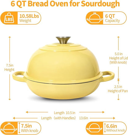 ONKO Dutch Oven For Sourdough Bread Baking, 6QT Enameled Cast Iron Dutch Oven Pot With Lid, Non-stick Sourdough Baking Pan with Bread Dome, Round Ceramic Dutch Ovens Pot with Cloche for Homemade