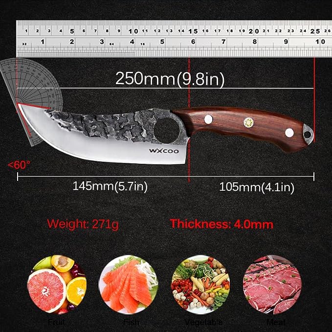 Hand Forged Hunting Knife with Leather Sheath High Carbon Steel Full Tang Butcher Boning Knife for Camping Hiking Fishing BBQ Single Blade Outdoor Cleaver for Meat Cutting and Game Processing