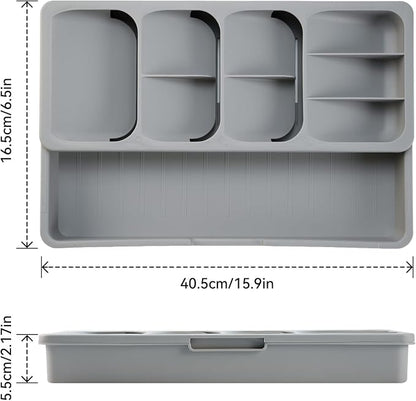 Expandable Silverware Drawer Organizer Tray, Adjustable Utensil Holder for Kitchen Drawers, BPA-Free Plastic Cutlery and Flatware Storage Divider