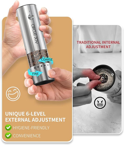 CIRCLE JOY Mini Rechargeable Salt and Pepper Grinder Set with Wooden Base, Dust Cover and External Adjustment, Stainless Steel Electric Pepper Mill Grinders for Kitchen, Outdoors and Travel, Silver