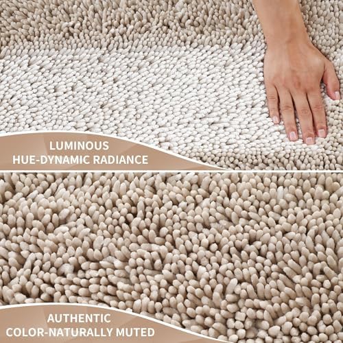 Yimobra Chenille Bathroom Rugs Non Slip, Extra Thick Soft Absorbent Bath Rug, Machine Washable Quick Dry Bath Mat for Bathroom Floor, Tub and Shower, Home Decor Accessories, 24x17, Khaki