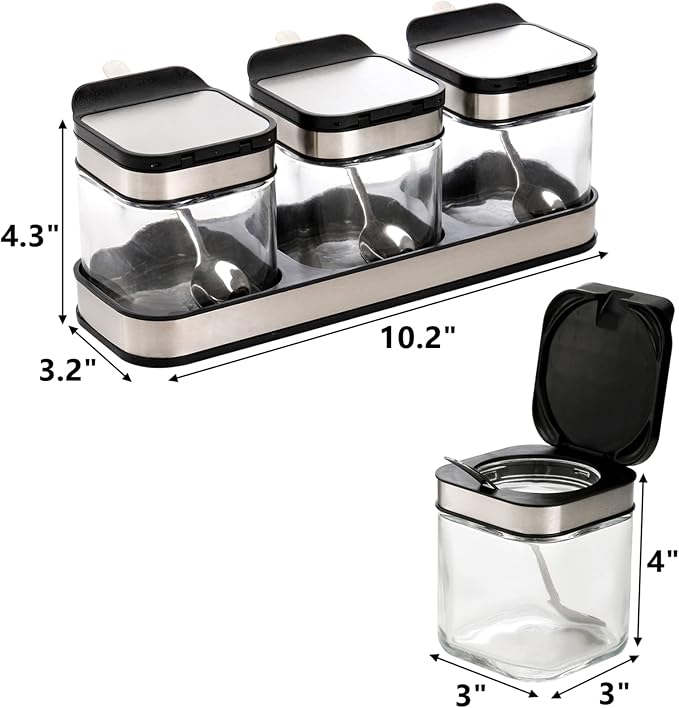 DEAYOU 3 Pack Glass Seasoning Box with Tray, Clear Condiment Canister with 18/10 Stainless Steel Lid and Spoon, Kitchen Spice Pot with Base, Salt Pepper Sugar Storage Container Jar Cruet for Desk