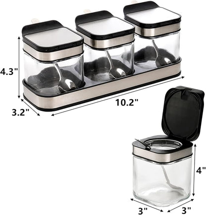 DEAYOU 3 Pack Glass Seasoning Box with Tray, Clear Condiment Canister with 18/10 Stainless Steel Lid and Spoon, Kitchen Spice Pot with Base, Salt Pepper Sugar Storage Container Jar Cruet for Desk