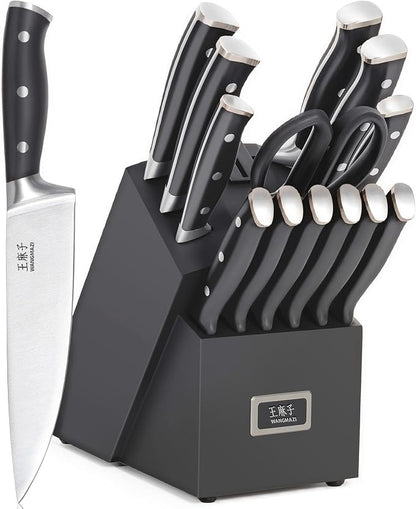 WANGMAZI 15 Pcs Knife Set with Block, High Carbon Stainless Steel Knife Block Set, Built-in Sharpener Block, Dishwasher Safe Kitchen Knife Set, Ergonomic Anti-Slip Handle, Black Pro