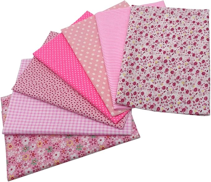 7PCS Cotton Craft Hobby Fabric 50x50CM Quilting Fabric Squares Bundle Different Patterns Printed Handmade Cloths for Arts Sewing Patchwork DIY Scrapbooking Tissue (Pink)