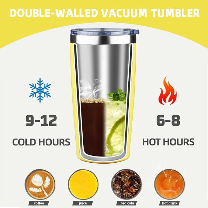 20 oz Tumbler with Lids and Straws, Stainless Steel Insulated Coffee Tumbler, Double Wall Vacuum Insulated Travel Mug Cup, Leakproof Thermal Coffee Cup for Hot and Cold Drinks (Yellow)