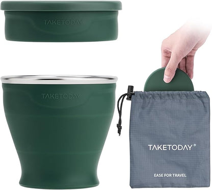 TakeToday Collapsible Travel Cup 8 oz - Silicone Foldable Water Cup, BPA-Free with Lid & Waterproof Bag - Drinking Cup Set for Camping, Outdoors & International Travel（Dark Green）