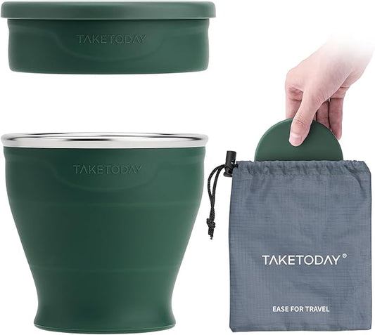 TakeToday Collapsible Travel Cup 8 oz - Silicone Foldable Water Cup, BPA-Free with Lid & Waterproof Bag - Drinking Cup Set for Camping, Outdoors & International Travel（Dark Green）