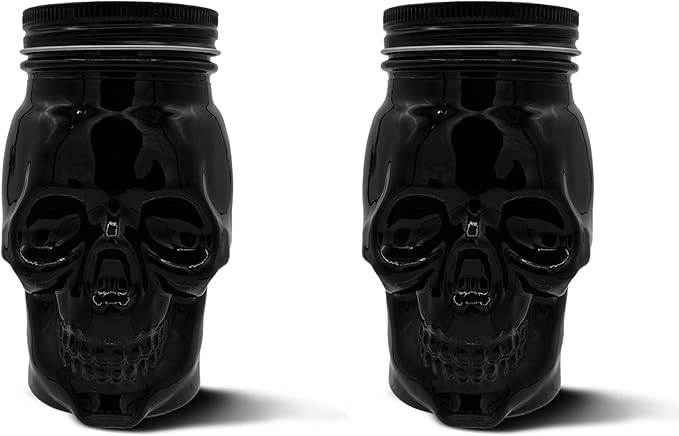 DURA LIVING Set of 2 Skull Mason Jar Glasses with Lids | 16oz Reusable Halloween Drinking Glasses | Unique Skull Décor, Storage, & Canning Jars for Parties & Gifts