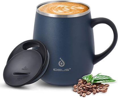 Ideus 16 oz Insulated Coffee Mug with Handle and Lid, Double Wall Stainless Steel Vacuum Thermal Coffee Mug, Travel Coffee Cup Thermal Cup for Home and Office, Navy Blue