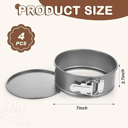 Funnymoom 4 Pcs 7 Inch Non Stick Springform Pan with Removable Bottom Carbon Steel Round Springform Cheesecake Pan with Stainless Steel Spring Buckles for Baking Kitchens Restaurant(Gray)