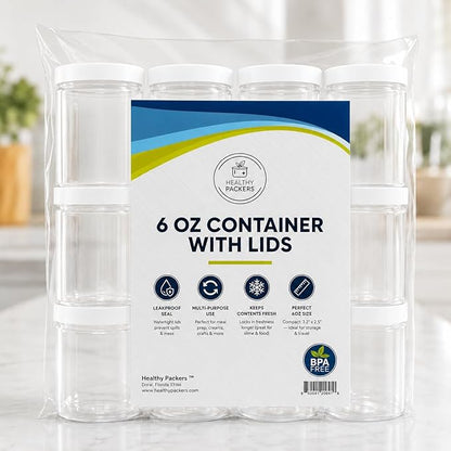 6 oz Plastic Jars with Lids (12 pack) - Clear Empty Containers for Body Lotions, Creams, Butters - Great for Storage and Organization of Crafts, Teas, and Spices