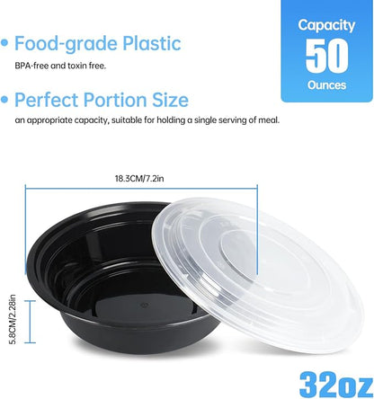32oz Disposable Meal Prep Containers with Lids, 50 Pack (100 Pcs) Black Round Take Out Food Containers - Stackable Bento Boxes, BPA-Free, Microwave Safe, Bulk Lunch Containers
