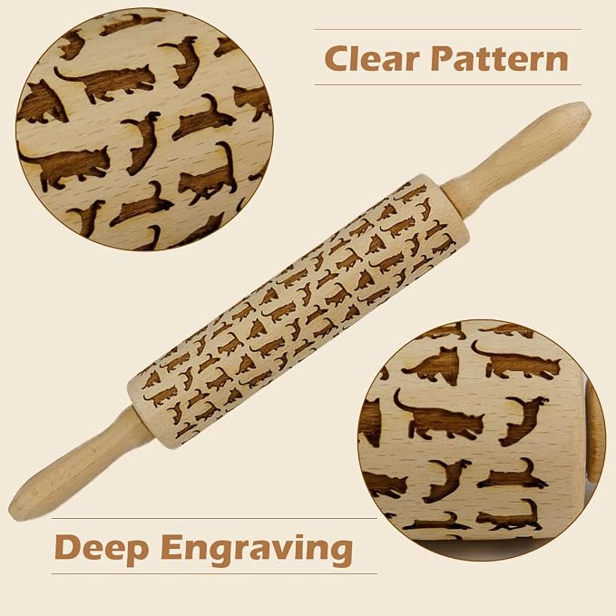 Embossed Rolling Pin for Baking Cookies Embossing Rolling Pins with Design Wooden Engraved Springerle Roller Pin Dough Animal Patterned Clay Pottery Ceramic Stamp Mold Gifts Bakers Women (Cat)