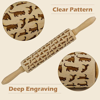 Embossed Rolling Pin for Baking Cookies Embossing Rolling Pins with Design Wooden Engraved Springerle Roller Pin Dough Animal Patterned Clay Pottery Ceramic Stamp Mold Gifts Bakers Women (Cat)