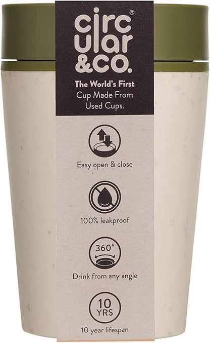 Circular and Co Reusable Coffee Cup 8oz/227ml - The World's First Travel Mug Made from Recycled Coffee Cups, 100% Leak-Proof, Sustainable & Insulated. (Cream & Honest Green)