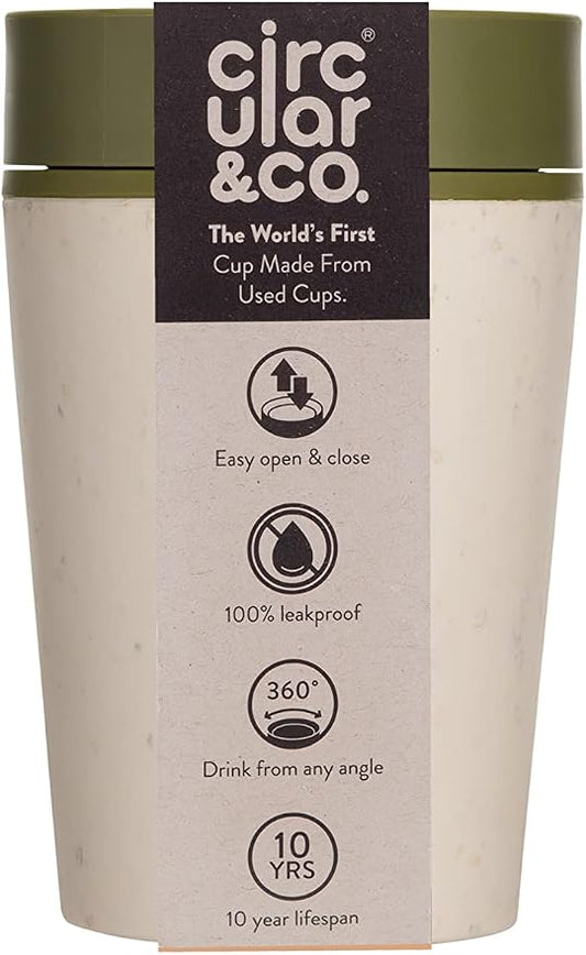 Circular and Co Reusable Coffee Cup 8oz/227ml - The World's First Travel Mug Made from Recycled Coffee Cups, 100% Leak-Proof, Sustainable & Insulated. (Cream & Honest Green)