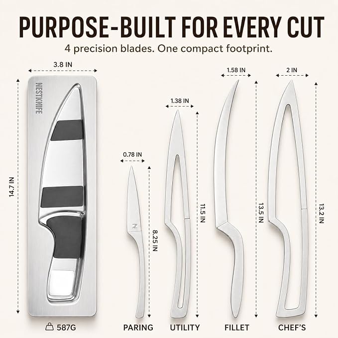 NestKnife Magnetic Kitchen Knife Set - 4 Piece VG10 High Carbon Stainless Steel Kitchen Knives with Patented Space-Saving Nesting Design & Magnetic Block - Ultra Sharp Professional Chef Knife Set