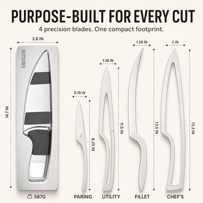 NestKnife Magnetic Kitchen Knife Set - 4 Piece VG10 High Carbon Stainless Steel Kitchen Knives with Patented Space-Saving Nesting Design & Magnetic Block - Ultra Sharp Professional Chef Knife Set
