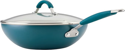 Rachael Ray Cucina Ceramic Nonstick Stir Fry Pan and Lid, 11 Inch Non Stick Wok Pan, Dishwasher Safe - Marine Blue