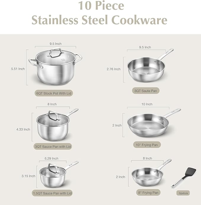 KOCH SYSTEME CS Stainless Steel Pots and Pans Set, 10 Piece Stainless Steel Cookware Set for Professional Cooking, Kitchen Cookware Sets, Induction Compatible Cookware Set 10 Pcs, Pots and Pans