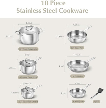 KOCH SYSTEME CS Stainless Steel Pots and Pans Set, 10 Piece Stainless Steel Cookware Set for Professional Cooking, Kitchen Cookware Sets, Induction Compatible Cookware Set 10 Pcs, Pots and Pans