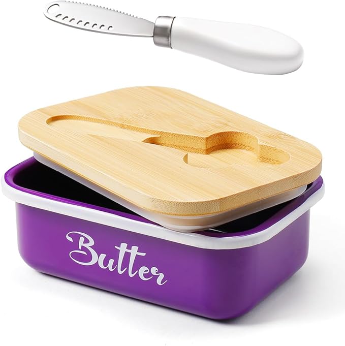 Butter Dish, Butter Dish with Lid for Countertop,Metal Butter Keeper with Stainless Steel Multipurpose Butter Knife, Large Butter Container with quality Silicone Good Kitchen Gift,Purple
