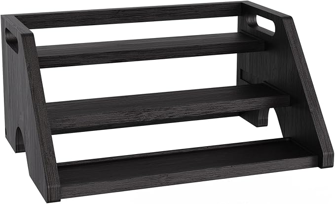 Bamboo Spice Rack Organizer -3-Tier Spice Rack for Countertop,Cabinet Spice Rack Organizer for 18 Spice Jars(4oz)，Step Shelf(black)