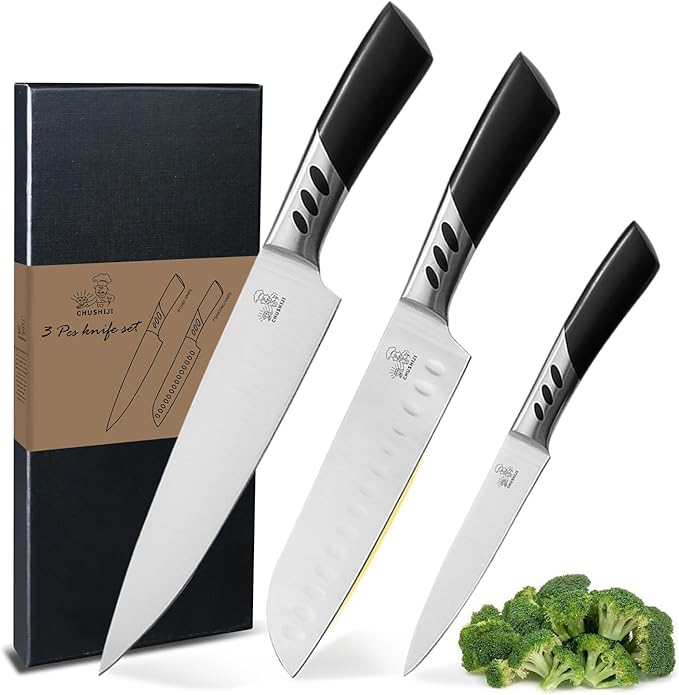 CHUSHIJI Kitchen Knife Set 3 Piece | Professional Chef Knife Set with 8" Chef Knife, 7" Santoku Knife, 5" Utility Knife | High Carbon Stainless Steel Sharp Kitchen Knives for Home Cooking & Gifting