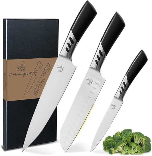 CHUSHIJI Kitchen Knife Set 3 Piece | Professional Chef Knife Set with 8" Chef Knife, 7" Santoku Knife, 5" Utility Knife | High Carbon Stainless Steel Sharp Kitchen Knives for Home Cooking & Gifting
