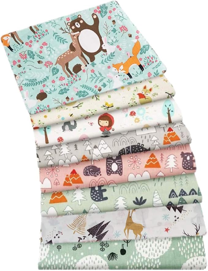8 pcs/lot Fat Quarter Fabric Bundles 100% Cotton 19.69'' x 19.69'' (50 x 50cm) Quilting Cotton Craft Fabric Pre-Cut Squares Sheets for Patchwork Sewing Quilting Crafting, Forest Pattern.