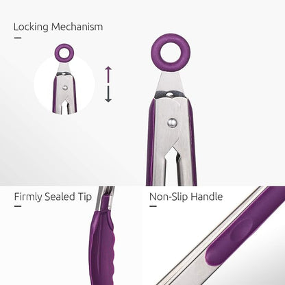 Kitchen Tongs, U-Taste 7/9/12 inches Cooking Tongs, with 600ºF High Heat-Resistant Non-Stick Silicone Tips, 18/8 Stainless Steel Handle, for Food Grill, Salad, BBQ, Frying, Serving, Pack of 3(Purple)