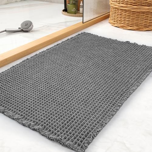 Waffle Super Absorbent Non Slip Bath Mat, Ultra Soft Machine Washable Bathmat with Tassels, Beside Tub, 20" x 32", Dark Grey