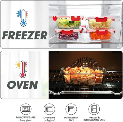 VERONES 12 Packs Glass Food Storage Containers Set, Airtight Glass Lunch Containers, Glass Meal Prep Containers with Lids,Exclusive of BPA, for Microwave, Oven, Freezer & Dishwasher Friendly,Red