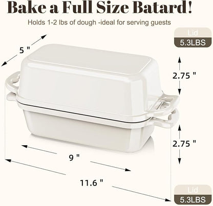Enameled Cast Iron Sourdough Bread Dutch Oven, Cast Iron Loaf Bread Pan for Homemade Bread Baking, 2PCS 8.5 x 4.5 Inch Meatloaf Pan with Lid, Oven Safe, Cream