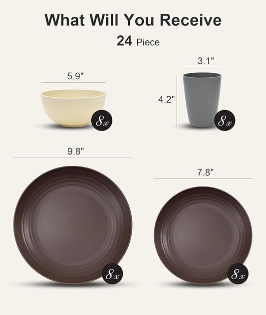 Quatish 24 Piece Plates and Bowls Sets for 6, Unbreakable Dinnerware Sets, Dish Set for Camping, Dishwasher Microwave Safe, Outdoor Kitchen and Apartment Dinning RV Essentials, Brown